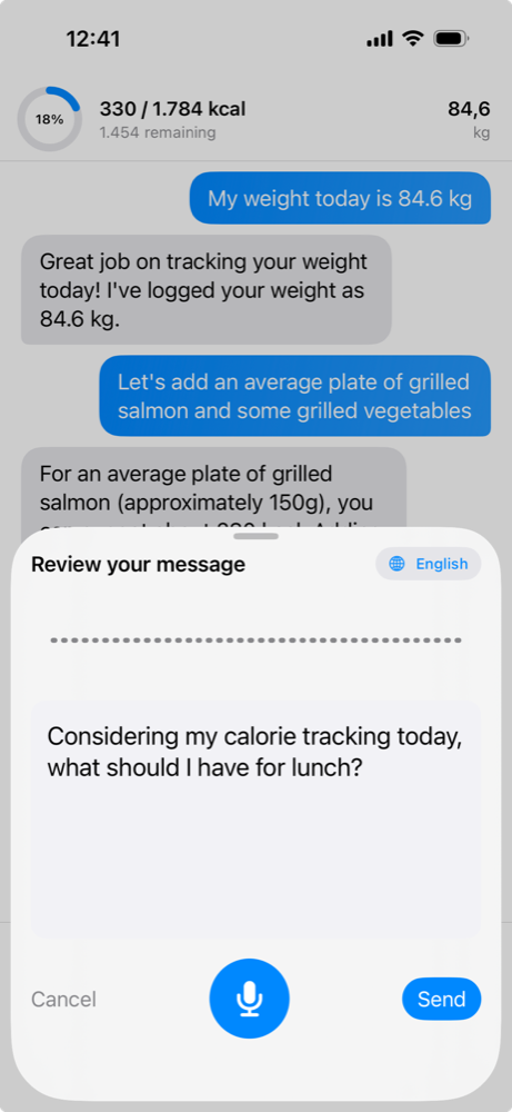 Voice input sheet reviewing a dictated message before sending.